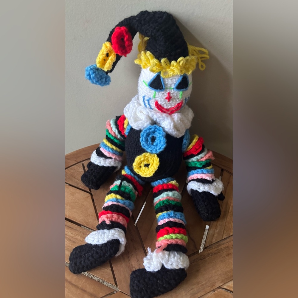 Vintage Handmade Knit Clown Plush Toy 23.5”x9.5”